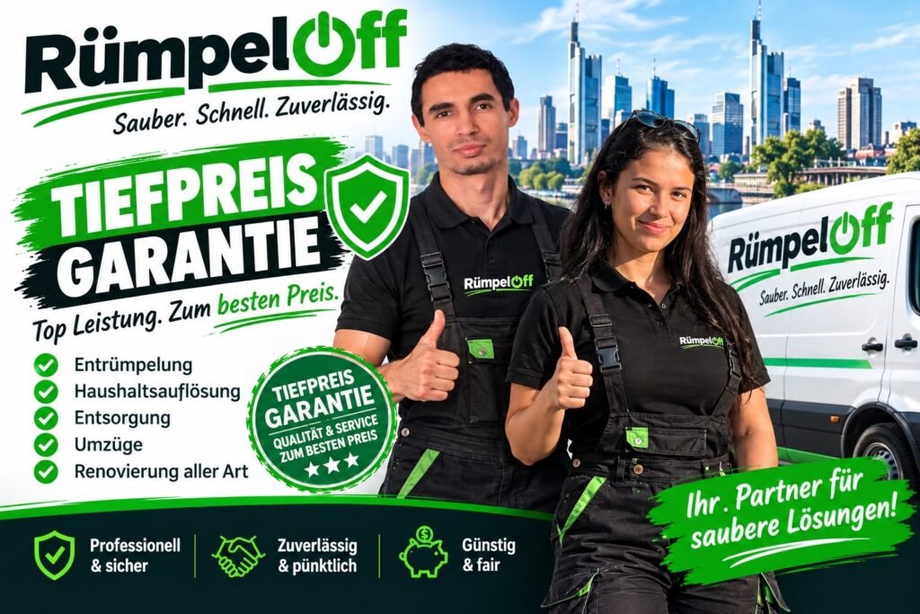 Das RümpelOff-Team in Frankfurt: zwei Mitarbeiter vor der Frankfurter Skyline und dem Firmenfahrzeug