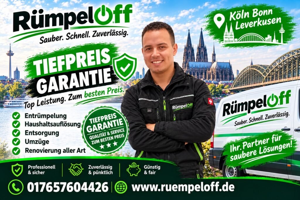 Ansprechpartner von RümpelOff für Entrümpelung und Haushaltsauflösung in Köln, vor dem Kölner Dom mit RümpelOff-Transporter